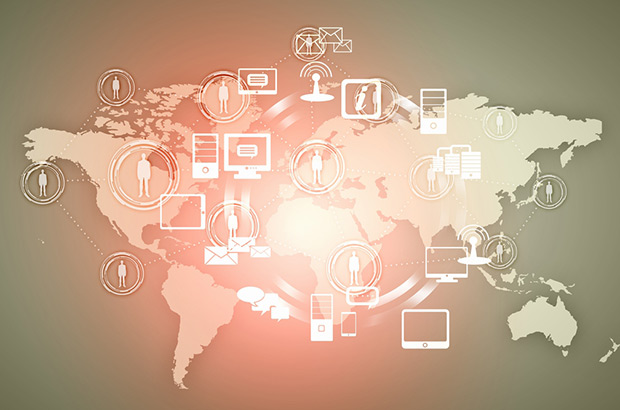 World map with digital communication icons