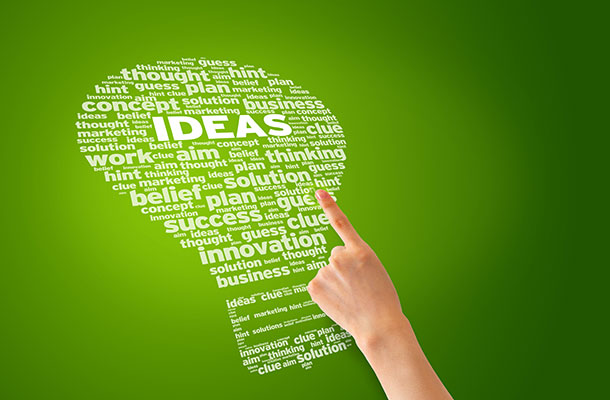 Light bulb shape word cloud including words like innovation, ideas etc. 