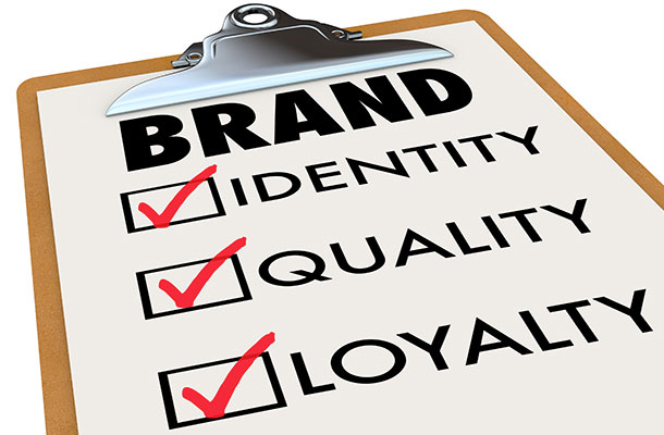 Brand heading with tick boxes for identity, quality and loyalty.