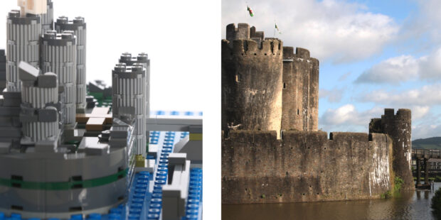 Side by side comparison of Caerphilly Castle LEGO® and the real life Castle.