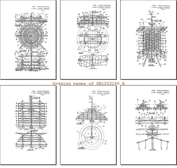 Swinging or suspended multi-deck cities from UK Patent GB1203166 (A)