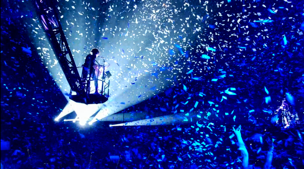 KISS guitarist Tommy Thayer swings out over the Birmingham crowd during the show’s finale earlier this year.