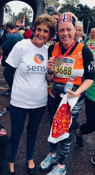 Celebrating after the Cardiff half marathon with my mum