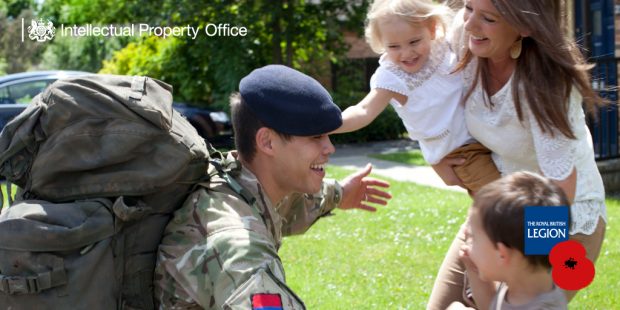 Soldier in uniform greeting a woman and baby with open arms