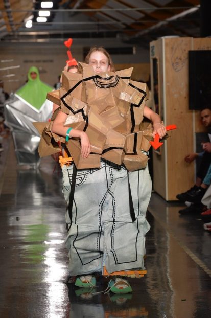 Model on catwalk wearing unusual outfit designed by Matilda Söderberg