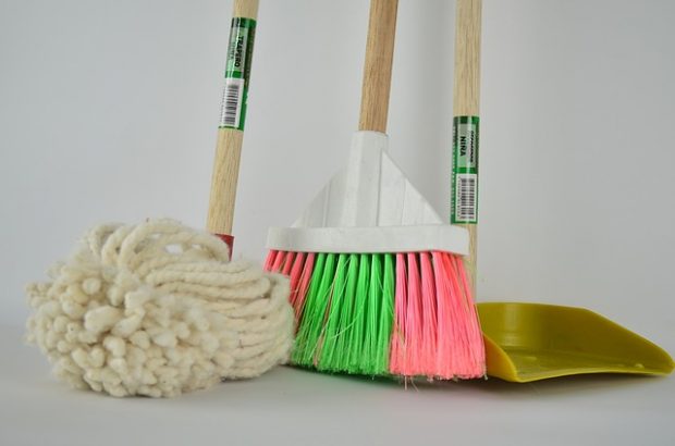 Mop, sweeping brush and dust pan.