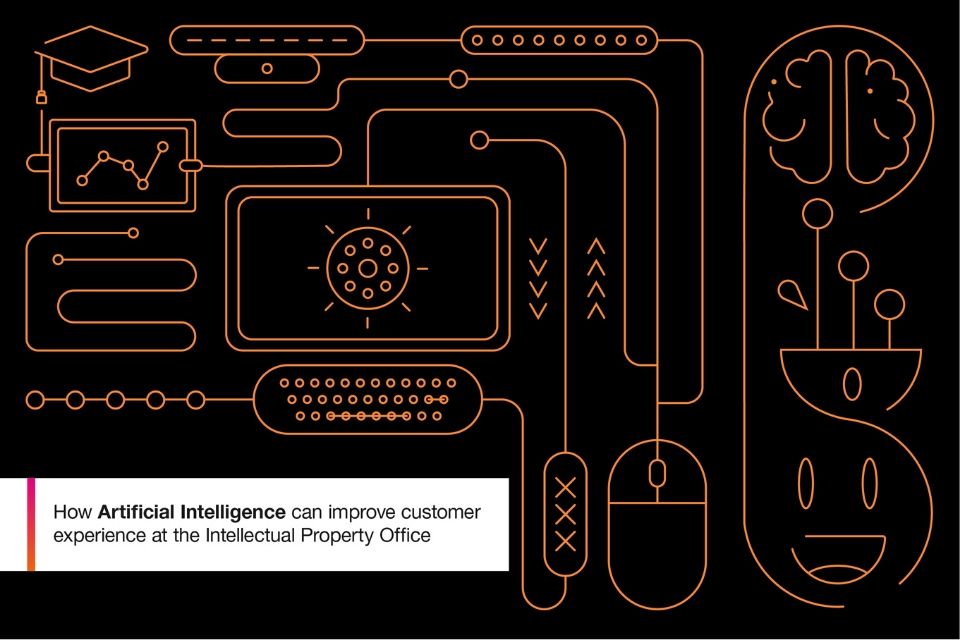 Orange graphics depicting the process of using artificial intelligence against a black ground with the caption How Artificial Intelligence can improve customer experience at the Intellectual Property Office.