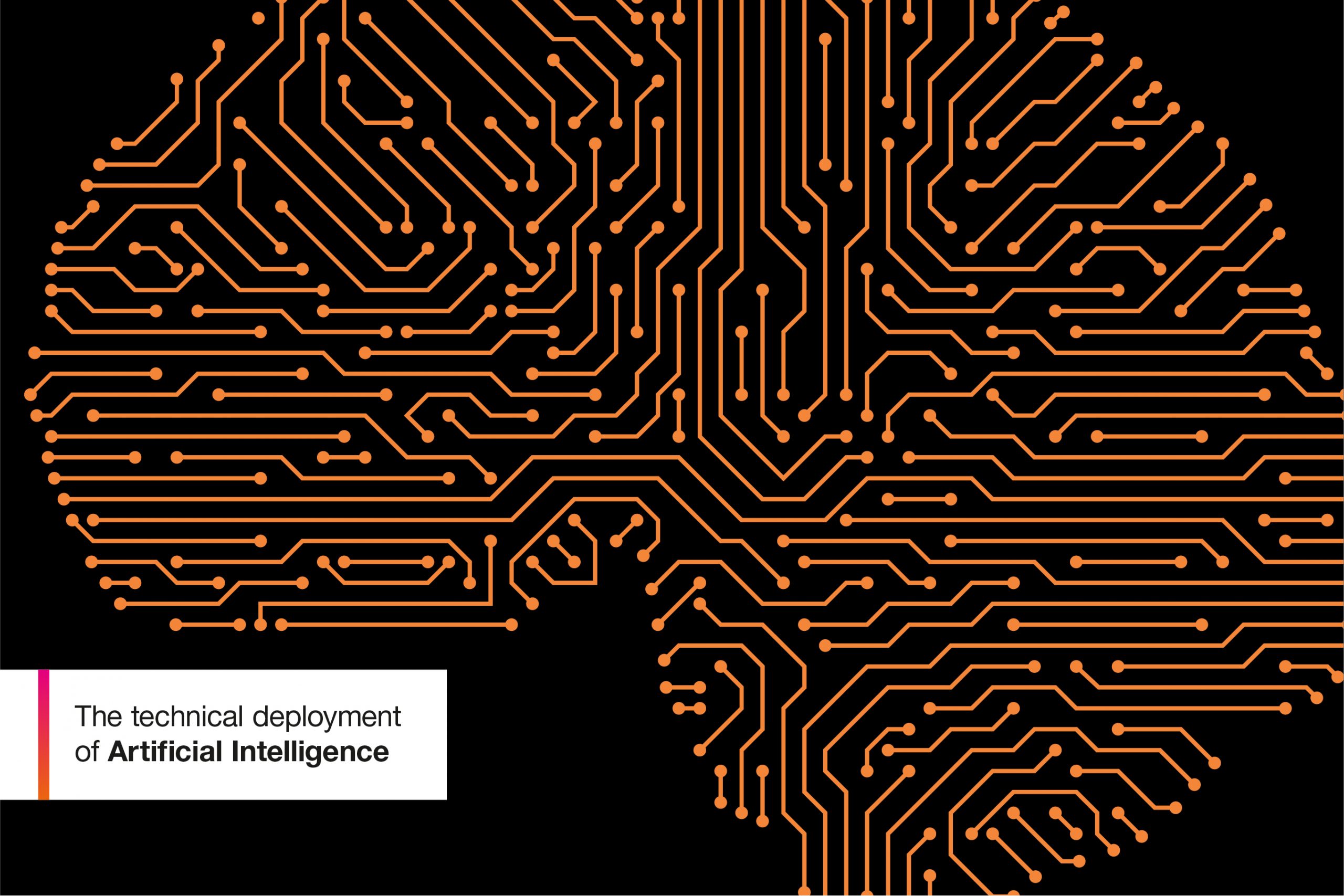 Orange graphics depicting elements of artificial intelligence against a black background with the caption Delivering Artificial Intelligence at the Intellectual Property Office.