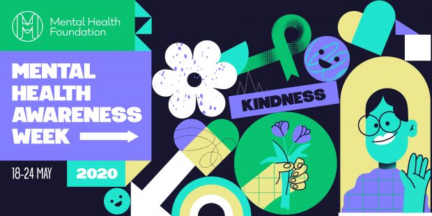 Mental Health Awareness Week multi-coloured graphic showing graphics signifying kindness.