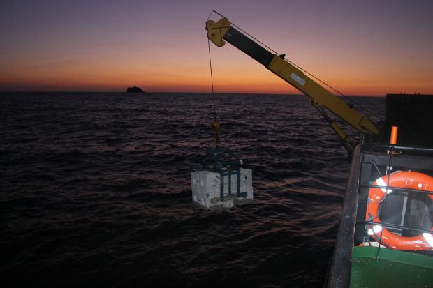 A crane lowering one of the reef cubes into the sea