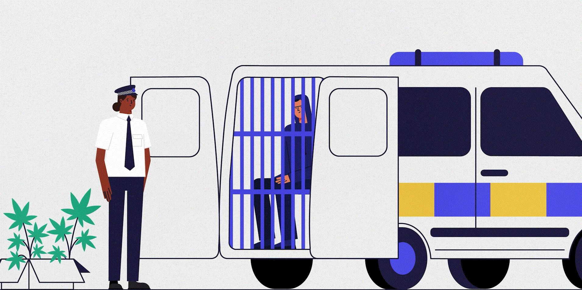 Animation showing a person in the back of a police van with a police officer standing guard.