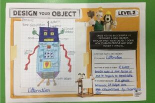 The Cracking Ideas Competition 2020 winning entry, ‘Litteration’, a robotic figure complete with antennae, stretchy arms and wheels. The conscientious robot roams the streets, eating, sorting and recycling litter to help clean up the environment. Its designer was Dominic Marday, age 9, of Greenwich. 