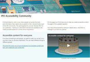 Screenshot of the front page of the IPO's internal accessibility knowledge information board, showing tools and videos for helping staff to make their content accessible.