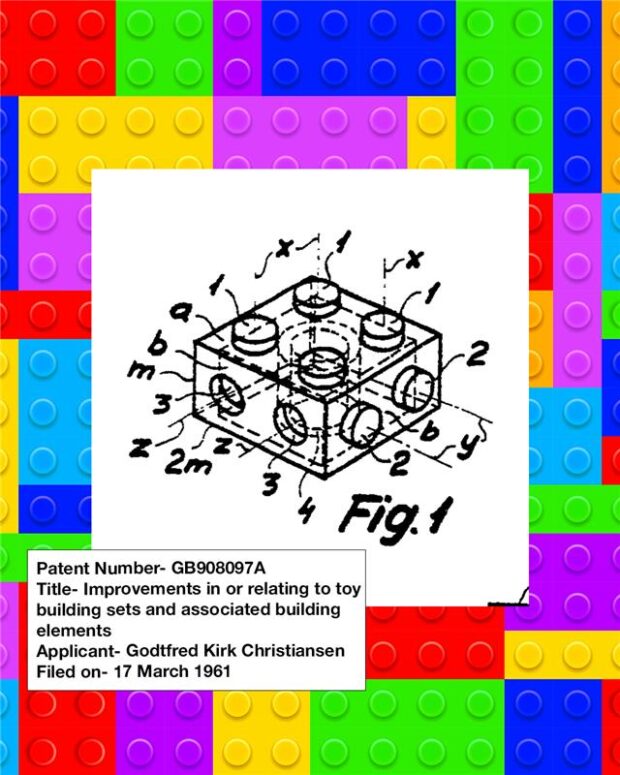 A patent drawing for a lego brick -  patent GB908097A, improvements in or relating to toy building sets and associated building elements by applicant Godtfred Kirk Christansen, filed on 17 March 1961. The image is placed on top of an image of a coloured LEGO bricks