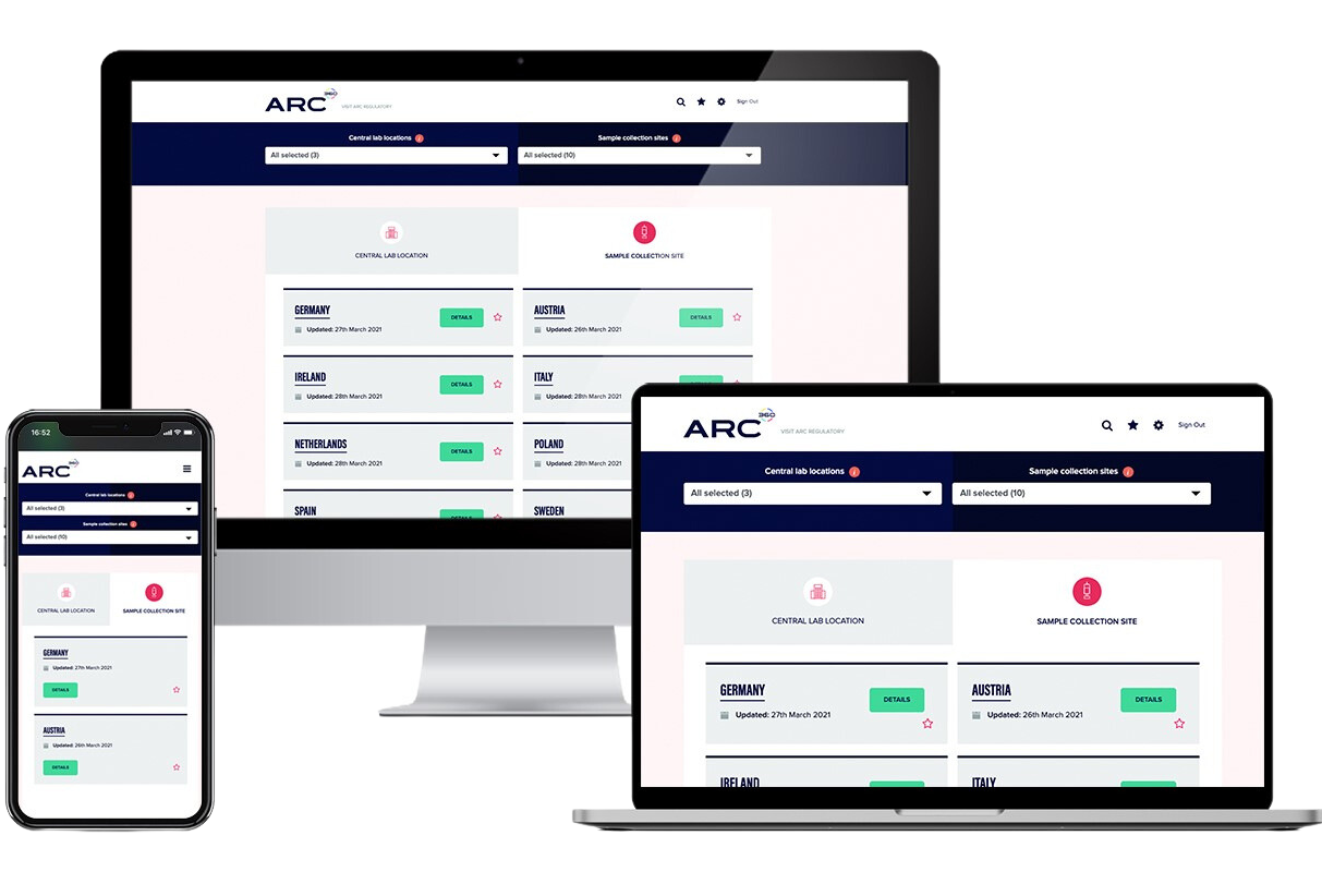 Image: screens demonstrating the ARC Regulatory Navigator. ARC Regulatory is a niche provider of clinical research and regulatory compliance solutions, supporting Pharma and Biotech partners in their precision medicine development. 