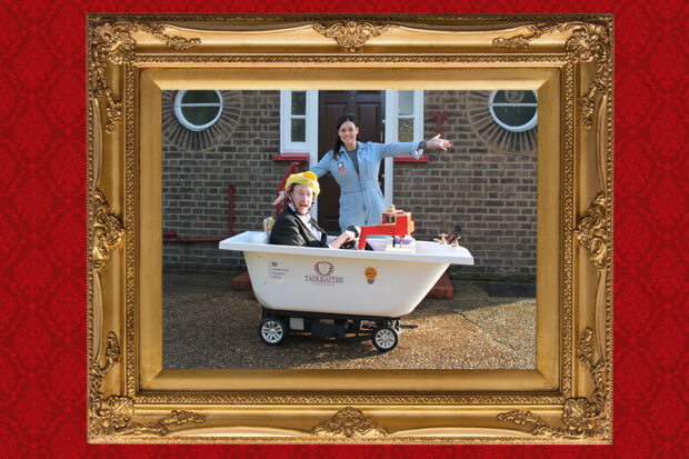 Alex Horne and Ruth Amos with the Task Firing Drivable Bath.