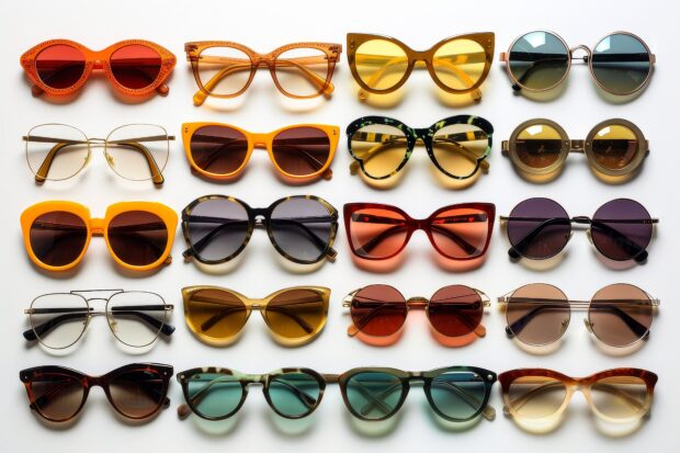Sunglasses in a variety of colours and shapes layed out on a table