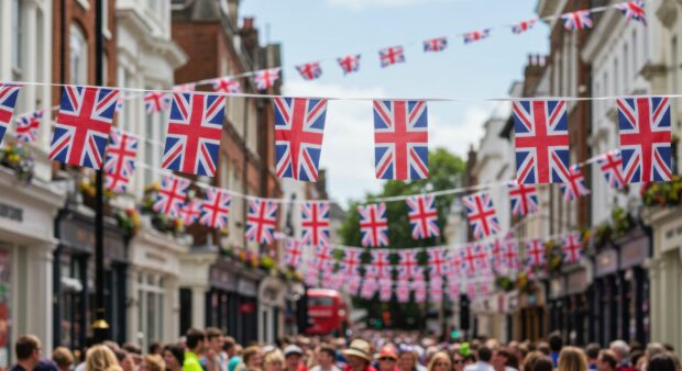 Union jack bunting hung across a street