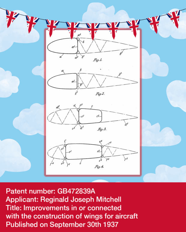 A patent drawing of improvements to an aircraft wing. Image reads Patent number: GB472839A
Applicant: Reginald Joseph Mitchell
Title: Improvements in or connected
with the construction of wings for aircraft
Published on September 30th 1937