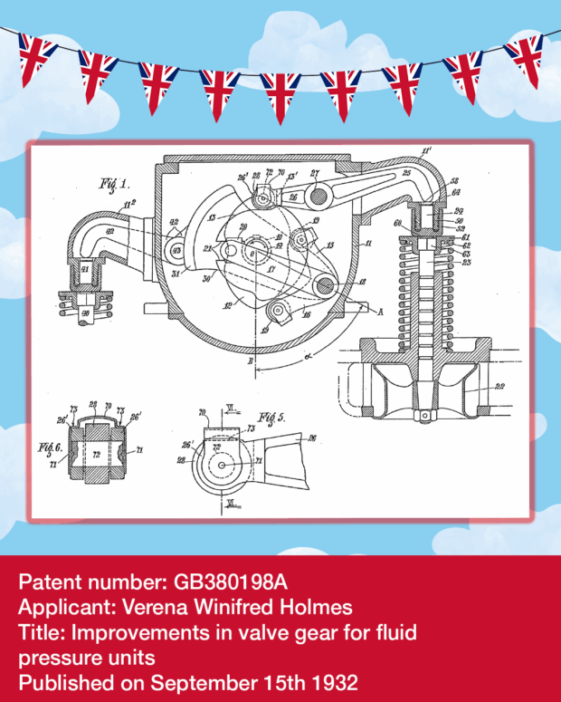 A patent drawing for improvements in valve gear for fluid pressure units. Image reads Patent number: GB380198A
Applicant: Verena Winifred Holmes
Title: Improvements in valve gear for fluid
pressure units
Published on September 15th 1932