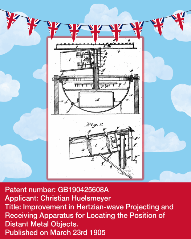 An image of the patent drawing for radar. Image reads Patent number: GB190425608A
Applicant: Christian Huelsmeyer
Title: Improvement in Hertzian-wave Projecting and
Receiving Apparatus for Locating the Position of
Distant Metal Objects.
Published on March 23rd 1905