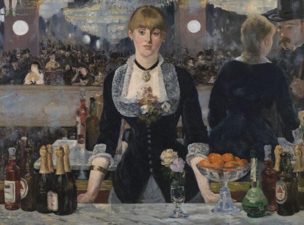 Manet's A Bar at the Folies-Bergère - that shows a woman stood at a bar with bottles on it, including Bass's.