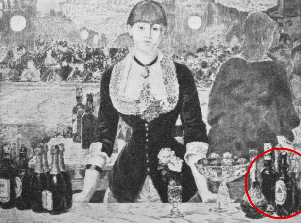 Manet's A Bar at the Folies-Bergère - a black and white version of the image that shows a woman stood at a bar with bottles on it, including Bass's.