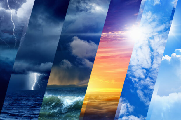 An image broken up into sections showing the sky under different weather conditions and times of day.