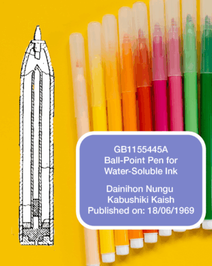 Set of colorful water-soluble ink pens arranged on a yellow background with a patent drawing of a ball-point pen mechanism on the left. Text reads GB1155445A, Ball-Point Pen for Water-Soluble Ink. Dainihon Nungu Kabushiki Kaish, published on 18/06/1969. 