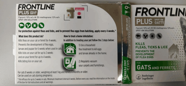 The back of the counterfeit flea treatment, showing spelling errors.