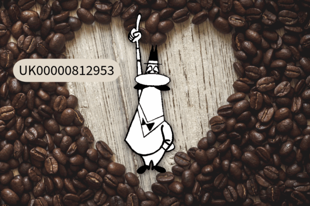 An image of coffee beans with a shape of a heart cut out and the trade mark for Bialetti's logo on it. and trade mark number UK00000812953
