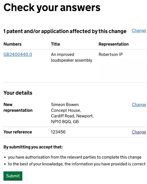 A screengrab of a change to a patent in the new system