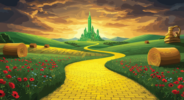 Wizard of Oz inspired illustration: landscape with yellow brick road, emerald city, red poppies and sunset sky.