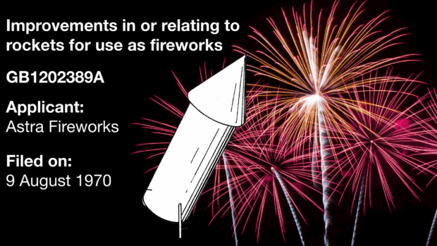 An image of fireworks, with patent drawing for GB1202389A on it. Text reads Improvements in or relating to rockets for use as fireworks, GB1202389A, applicant: Astra Fireworks, Filed on 9 August 1970