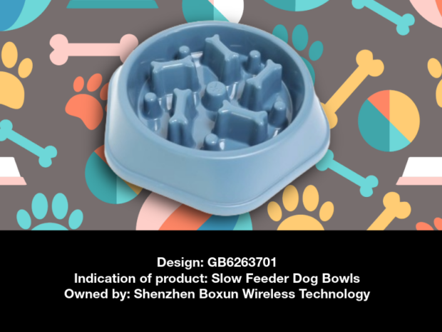 Registered Design: GB6263701,
indication of product: Slow Feeder Dog Bowls, owned by: Shenzhen Boxun Wireless Technology.
On a patterned background featuring puppy's food, traces, bowls and toys.