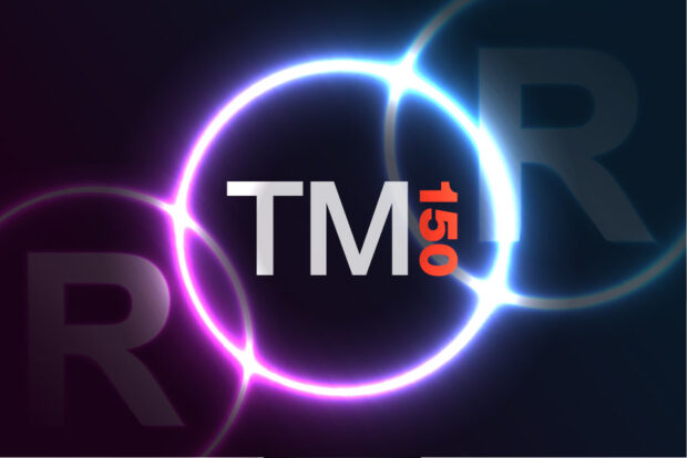 Glowing neon circles intersect behind bold TM letters with red 150, set against a dark background.
