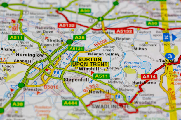 An image of Burton up on Trent on a map