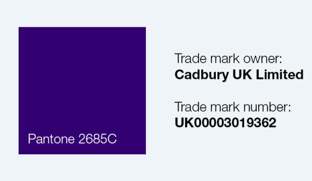 Cadbury's purple colour swatch labelled Pantone 2685C, trademarked by Cadbury UK Limited with number UK00003019362.