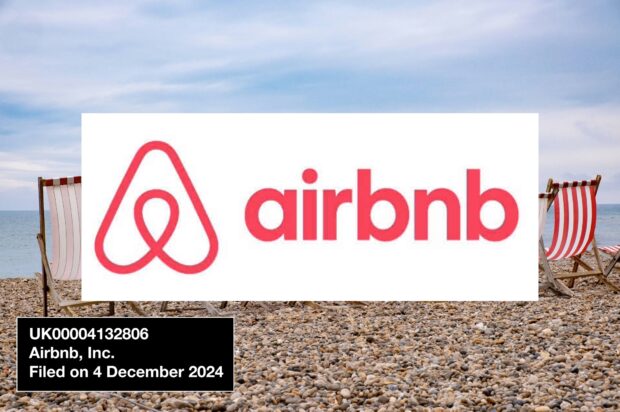 Red Airbnb Trade mark on a white background, set against a tranquil seaside scene with pebbles and beach chairs. Text reads: UK00004132806, Airbnb, Inc. Filed on 4 December 2024.