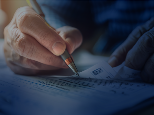 Close-up of a person's hand filling out a form.