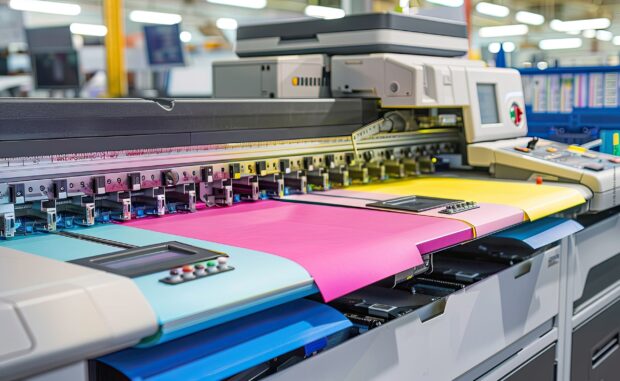 Large industrial printer producing vibrant cyan, magenta, yellow, and black sheets in a high-tech printing facility.