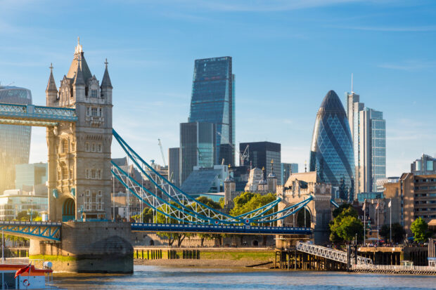 Financial District of London and the Tower Bridge.