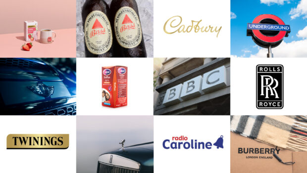 Collage of iconic British brands including Twinings, Bass, Cadbury, London Underground, Mini, Calpol, BBC, Rolls-Royce Aerospace and Cars, Radio Caroline and Burberry 