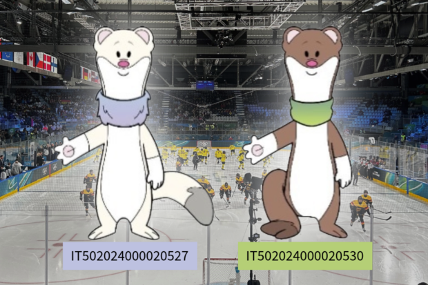 An image of an ice hockey rink, with mascot stoats Tina and Milo on top. Camptopned with trade mark numbers IT502024000020527 and IT502024000020530