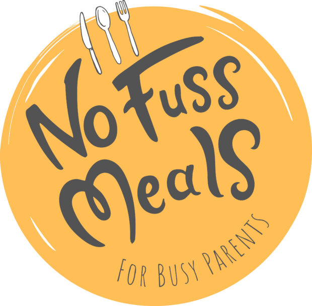 Yellow plate with knife, spoon and fork bearing the words 'No Fuss Meals For Busy Parents'
